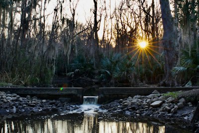 Sunset over a small waterfall in a forest