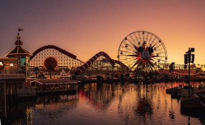 a ferris wheel sitting next to a body of water