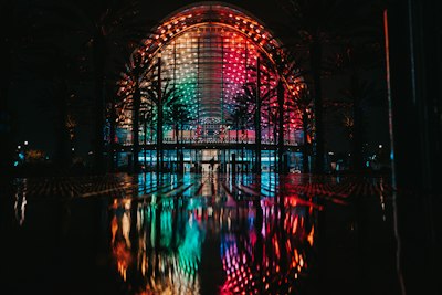 blue and red lights on building