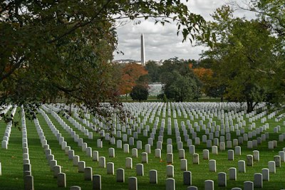 a cemetery with rows of headstones and trees
