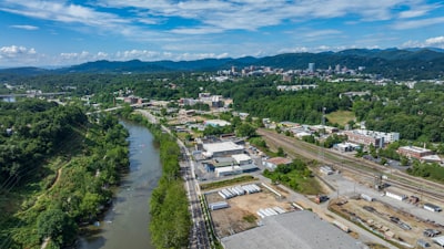 An aerial view of a river running through a city