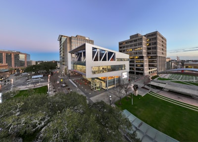an aerial view of a large building with a lot of windows