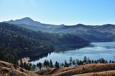 a view of a lake surrounded by mountains