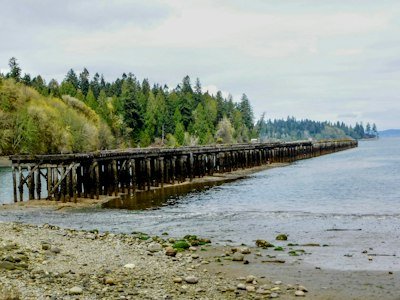 a long wooden pier sitting on the side of a lake