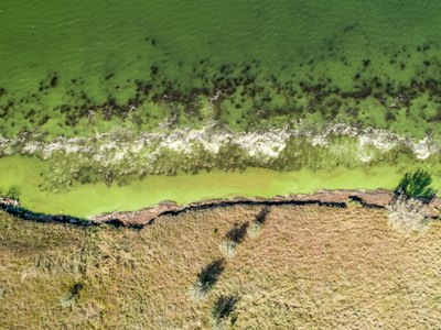 an aerial view of a body of water