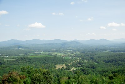 A wide view of a green valley with rolling hills under a blue sky