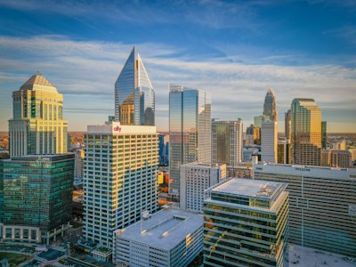 a view of a city with tall buildings