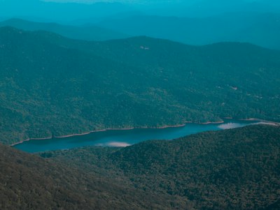 A view of a mountain range with a lake in the middle