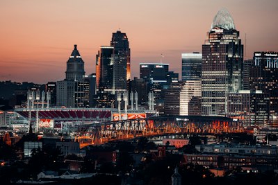 city skyline during night time