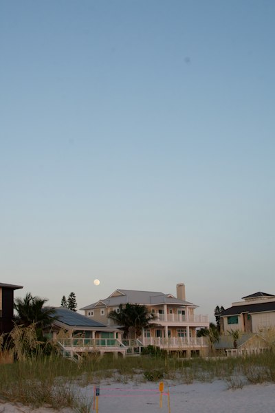 A view of a beach with houses in the background