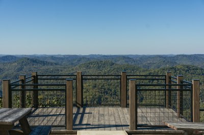 Deck overlooks lush green hills under a blue sky