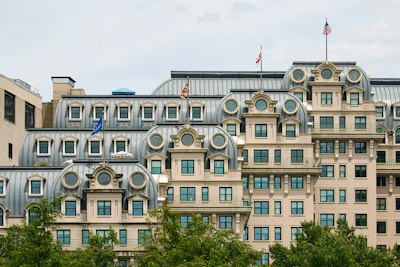 Ornate building facade with flags in washington