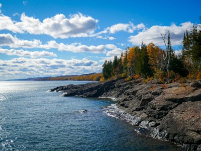 a body of water surrounded by trees and rocks
