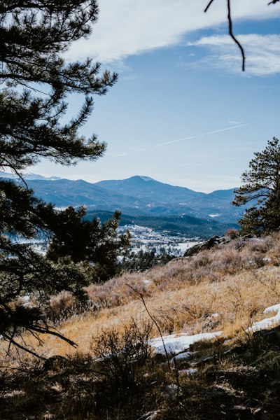 a view of the mountains from a hill