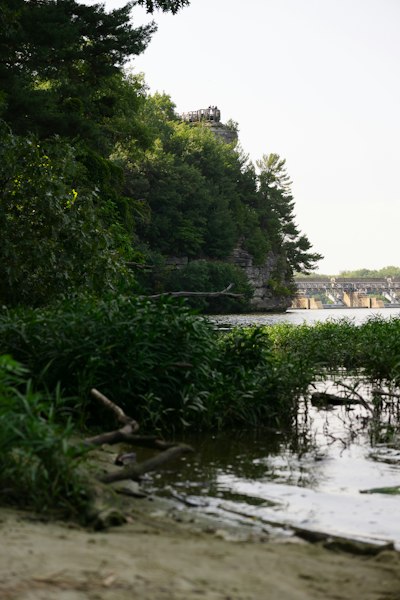 A lush forest overlooks a calm river