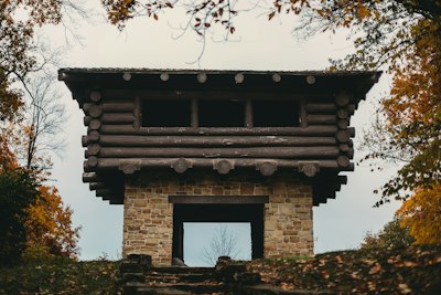 a tall wooden structure sitting in the middle of a forest