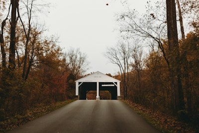 a covered bridge in the middle of a wooded area