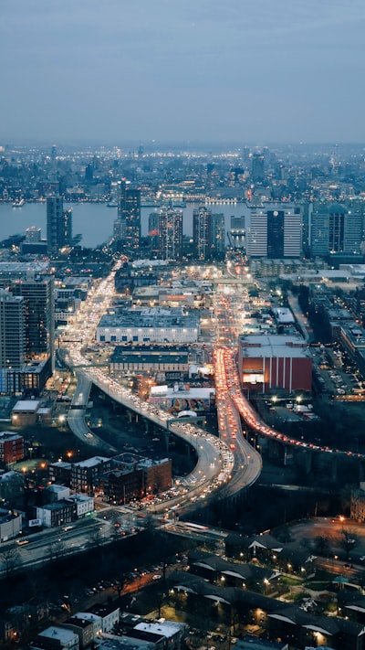 an aerial view of a city at night