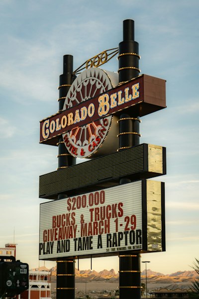 Colorado belle hotel & casino sign with giveaway details