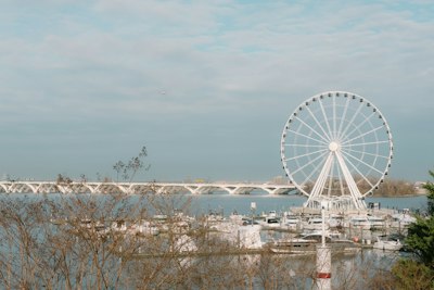 A ferris wheel overlooks a bridge and city