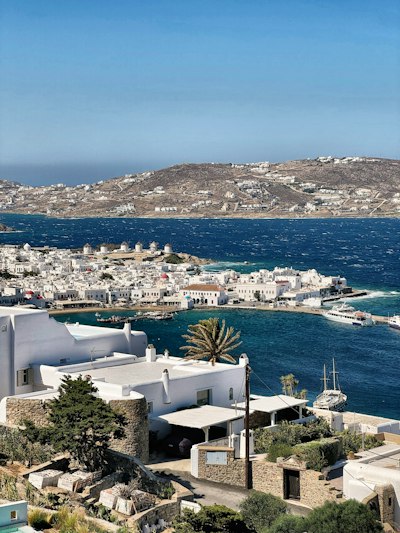 An aerial view of a small town by the ocean