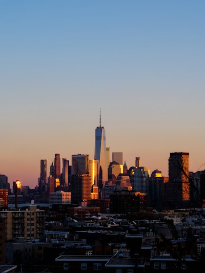 a city skyline at sunset