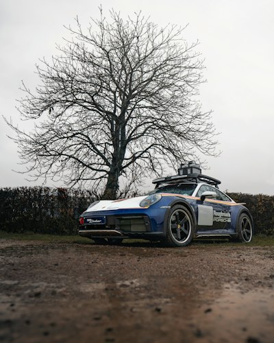 A blue and white sports car parked next to a tree