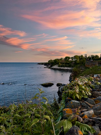 A view of a body of water at sunset