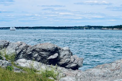 a large body of water sitting next to a rocky shore