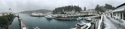 Boats docked in a harbor on a cloudy day