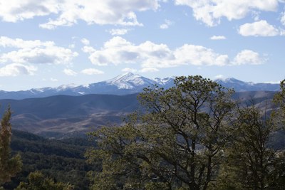 a view of a mountain range with trees in the foreground