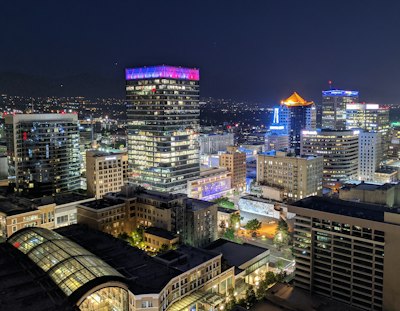 city skyline during night time