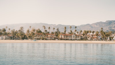 A body of water with a beach in the background