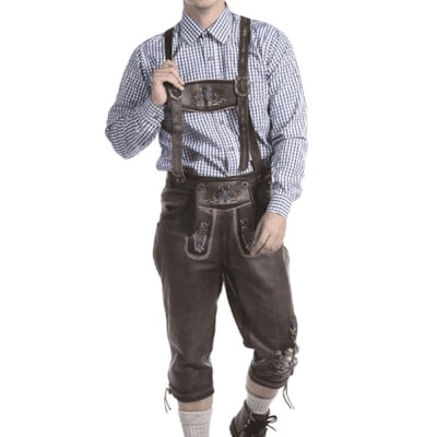 a man in a blue shirt and brown pants