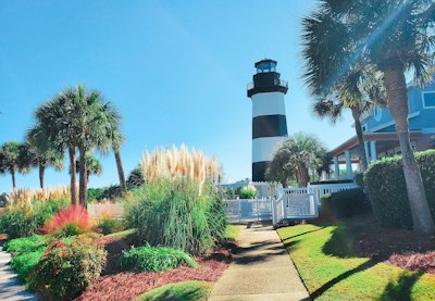 a black and white lighthouse surrounded by palm trees