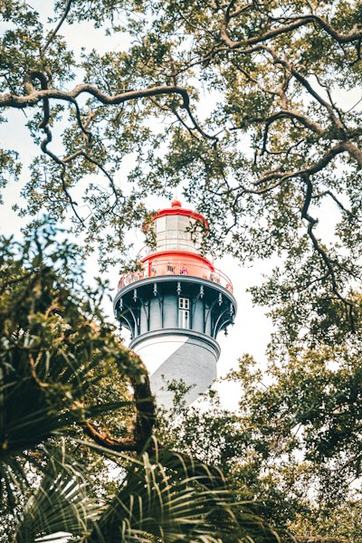 A red and white lighthouse surrounded by trees