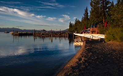 a row of boats sitting on the shore of a lake