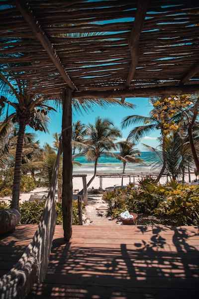 nipa hut under coconut palm trees