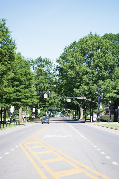 a car driving down a street with lots of trees