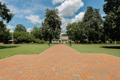 a brick walkway in a park