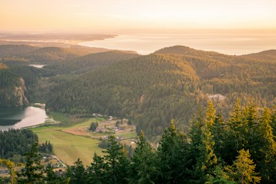 a scenic view of a lake surrounded by trees