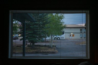 View through blinds of a building and trees