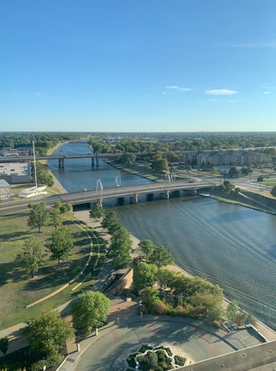 an aerial view of a river and a bridge